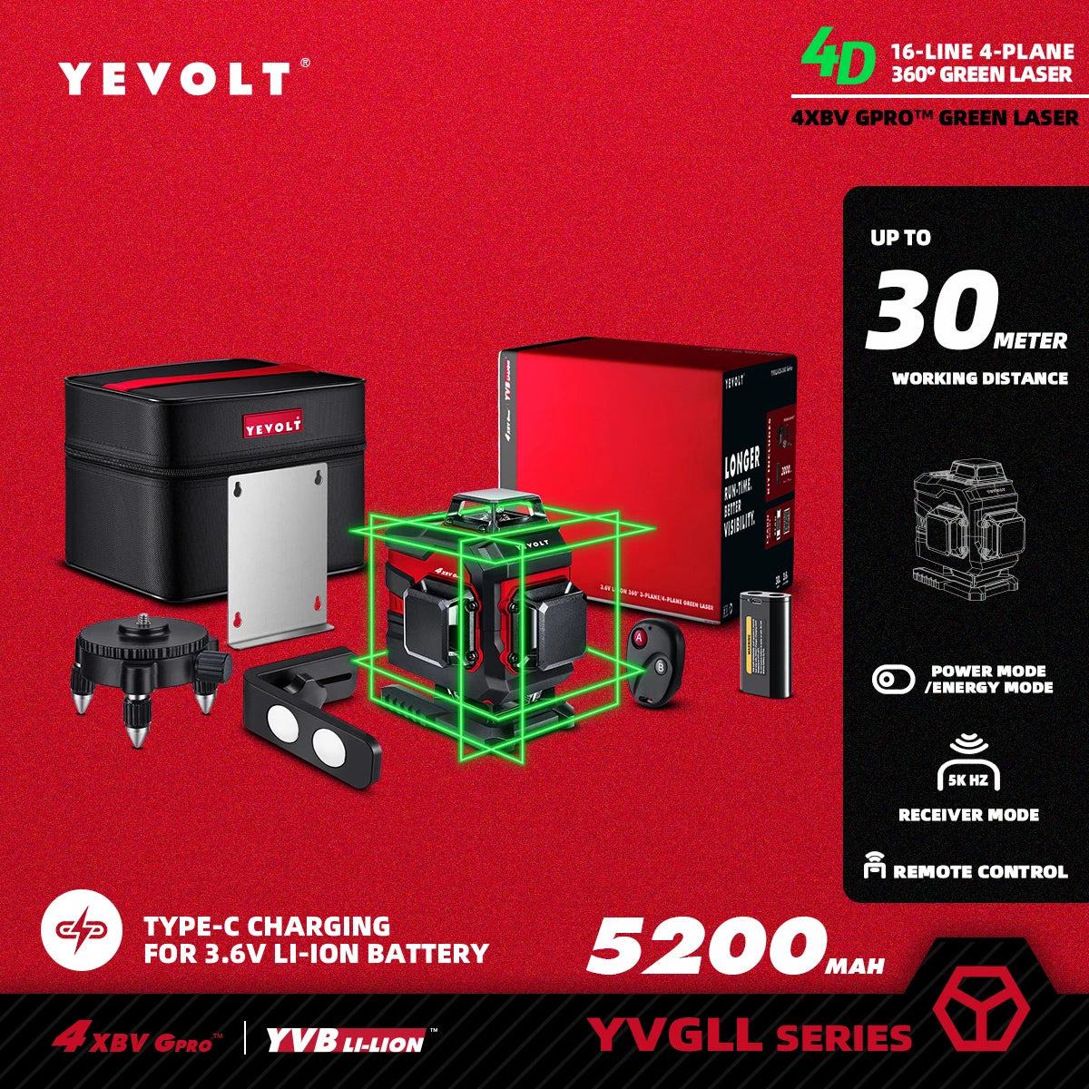 YEVOLT YVGLL4XS16 16 lignes 4 planches outils de niveau Laser vert 4D avec puissance 3Ah/5.2Ah Machine auto-nivelante horizontale et verticale