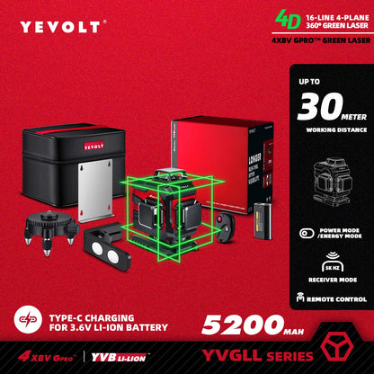 YEVOLT YVGLL4XS16 16 lignes 4 planches outils de niveau Laser vert 4D avec puissance 3Ah/5.2Ah Machine auto-nivelante horizontale et verticale