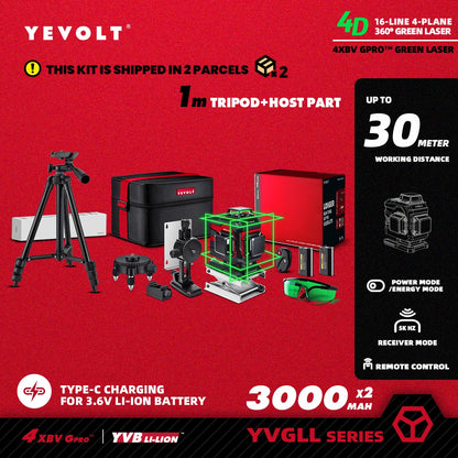 YEVOLT YVGLL4XS16 16 lignes 4 planches outils de niveau Laser vert 4D avec puissance 3Ah/5.2Ah Machine auto-nivelante horizontale et verticale