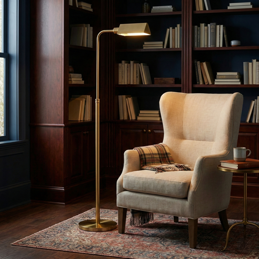 Lampadaire minimaliste Elara à abat-jour neutre, lumière sur pied contemporaine, extérieur doré et intérieur blanc, 110-120V
