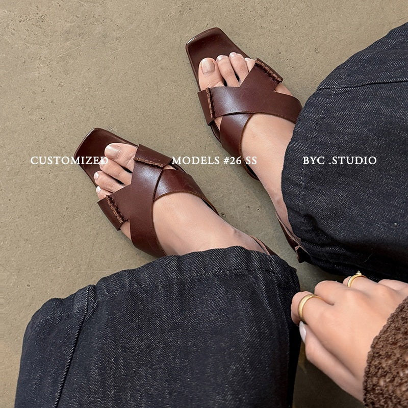 Women's Handmade Full - Grain Leather Crisscross Flat Sandals, Square - Toe Side