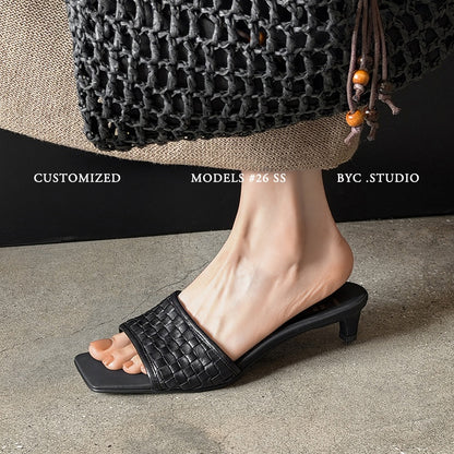 Women's Handmade Full - Grain Leather Woven Kitten Heel Slides, Square Toe Sheep