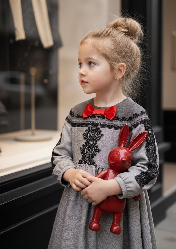 Girls  Grey Velvet-Cotton Long Dress Kids Vintage Lace Outfit  3-10Y Spring