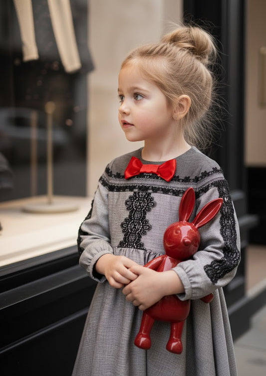 Girls  Grey Velvet-Cotton Long Dress Kids Vintage Lace Outfit  3-10Y Spring