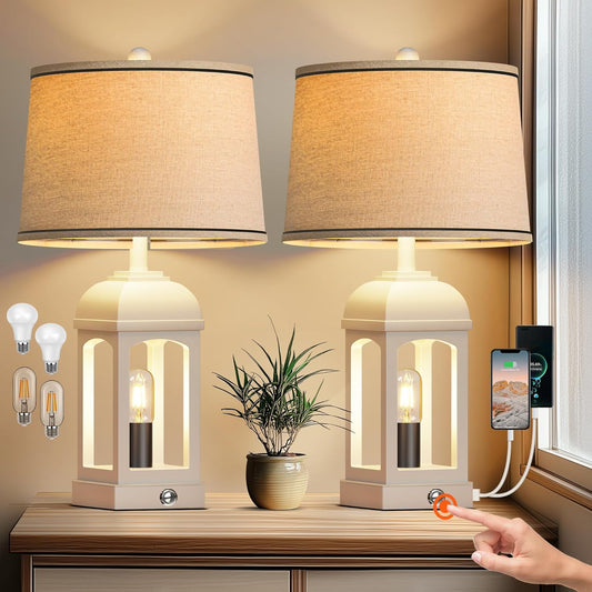 Lampes de table lot de 2, USB-A/C et veilleuse, 26", blanches