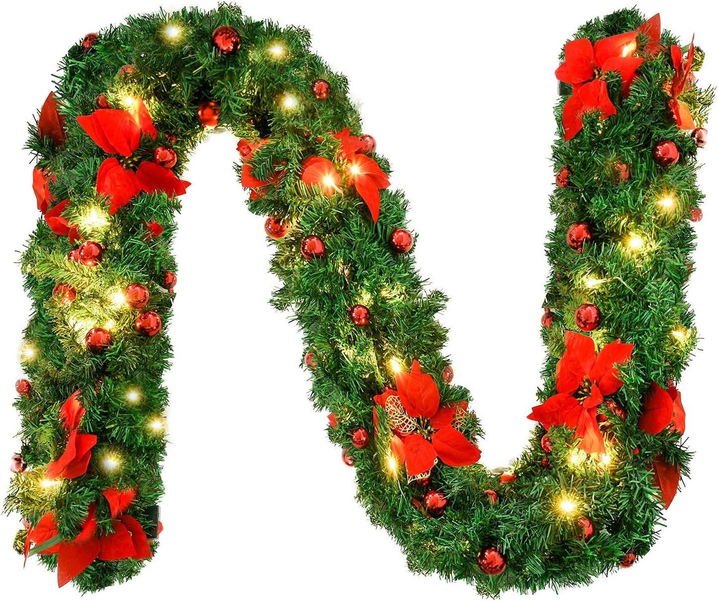 9FT Christmas Garland Decorations, 2.7M Wreath Garlands Decorations Xmas For Fireplaces Stairs, Christmas Garlands With Lights, Red Flower And Red Ball, Holiday, Wedding Party Decoration