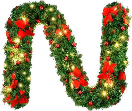 9FT Christmas Garland Decorations, 2.7M Wreath Garlands Decorations Xmas For Fireplaces Stairs, Christmas Garlands With Lights, Red Flower And Red Ball, Holiday, Wedding Party Decoration