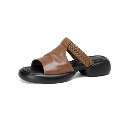 Women's Handmade Full - Grain Sheepskin Woven Platform Slide Sandals, Open - Toe