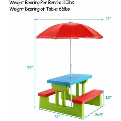 Children Outdoor Picnic Table Set With Foldable UV Protection Umbrella, Lightwei