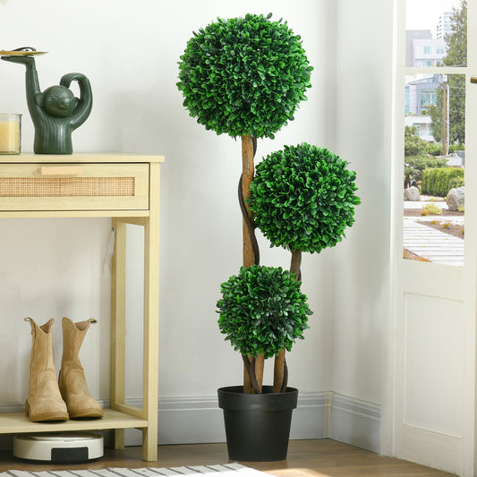 3.5ft Artificial Tree, Triple Ball Boxwood Topiary With Pot And Sandalwood Leaves, For Indoor Outdoor Home