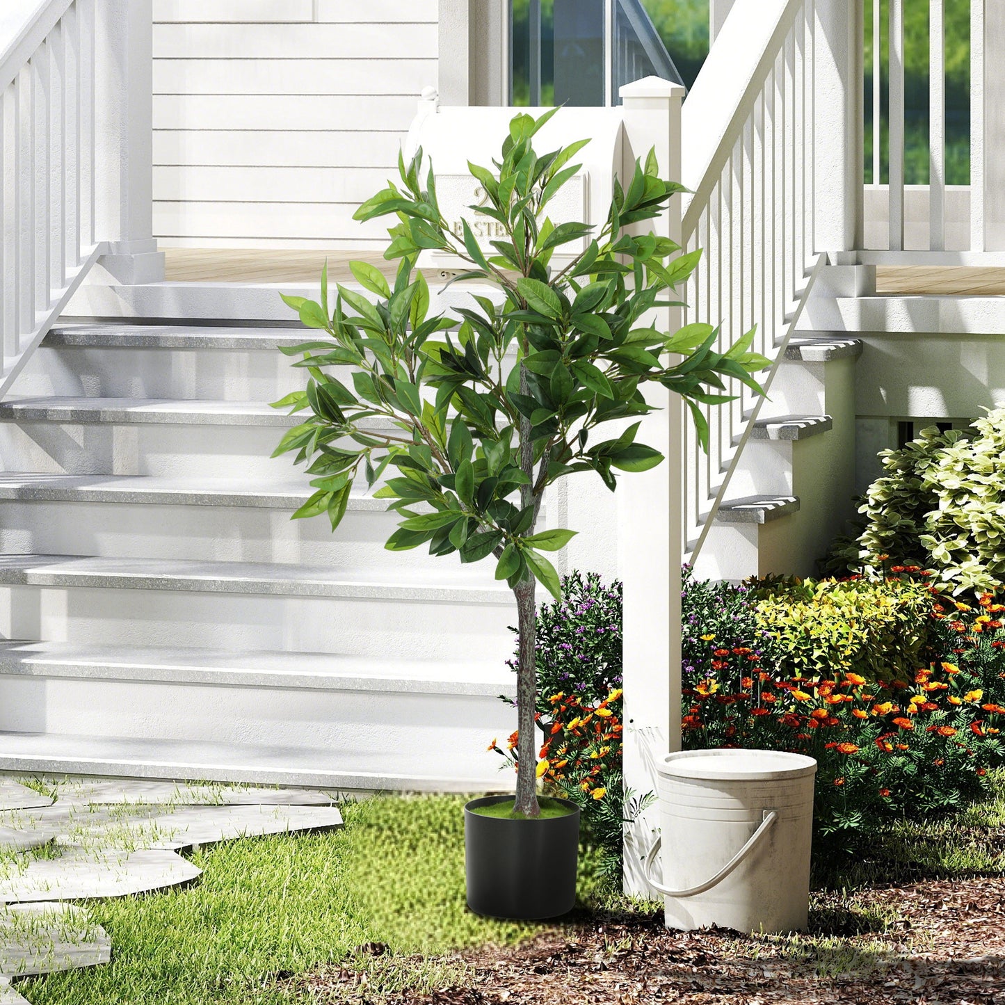 Potted Fake Plant, Lifelike Laurel Artificial Tree With 345 PEVA Leaves For Home Decor, Green