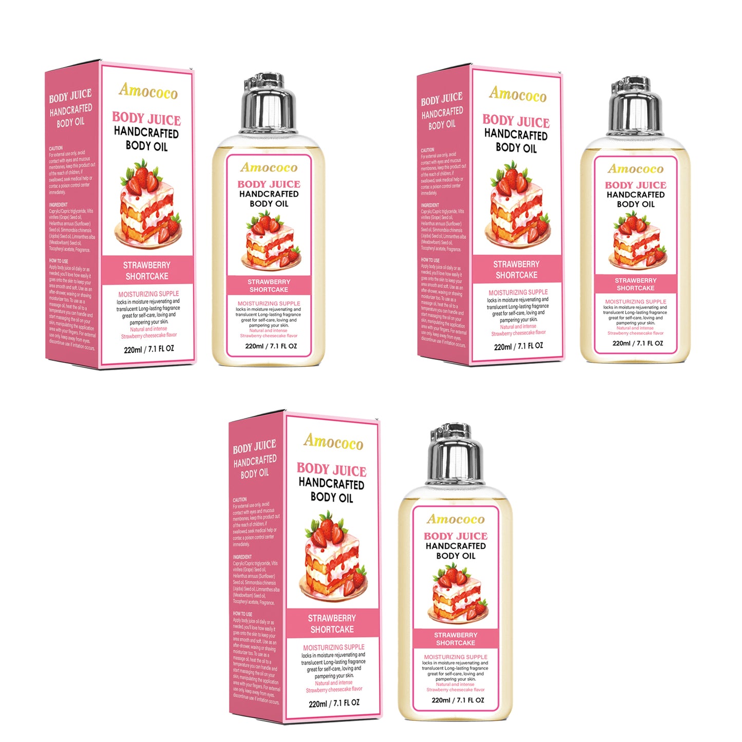 Only Supports Self Pickup With Waybill Amococo Strawberry Shortcake Body Juice Oil, 220ml Handcrafted Moisturizing Body Oil For Dry Skin, Long-Lasting Fragrance Body Massage Oil, Natural Plant-Based L