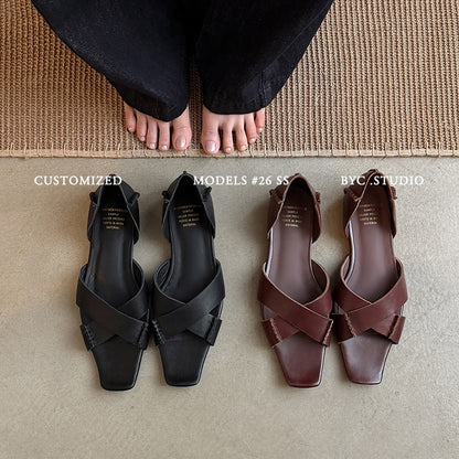 Women's Handmade Full - Grain Leather Crisscross Flat Sandals, Square - Toe Side