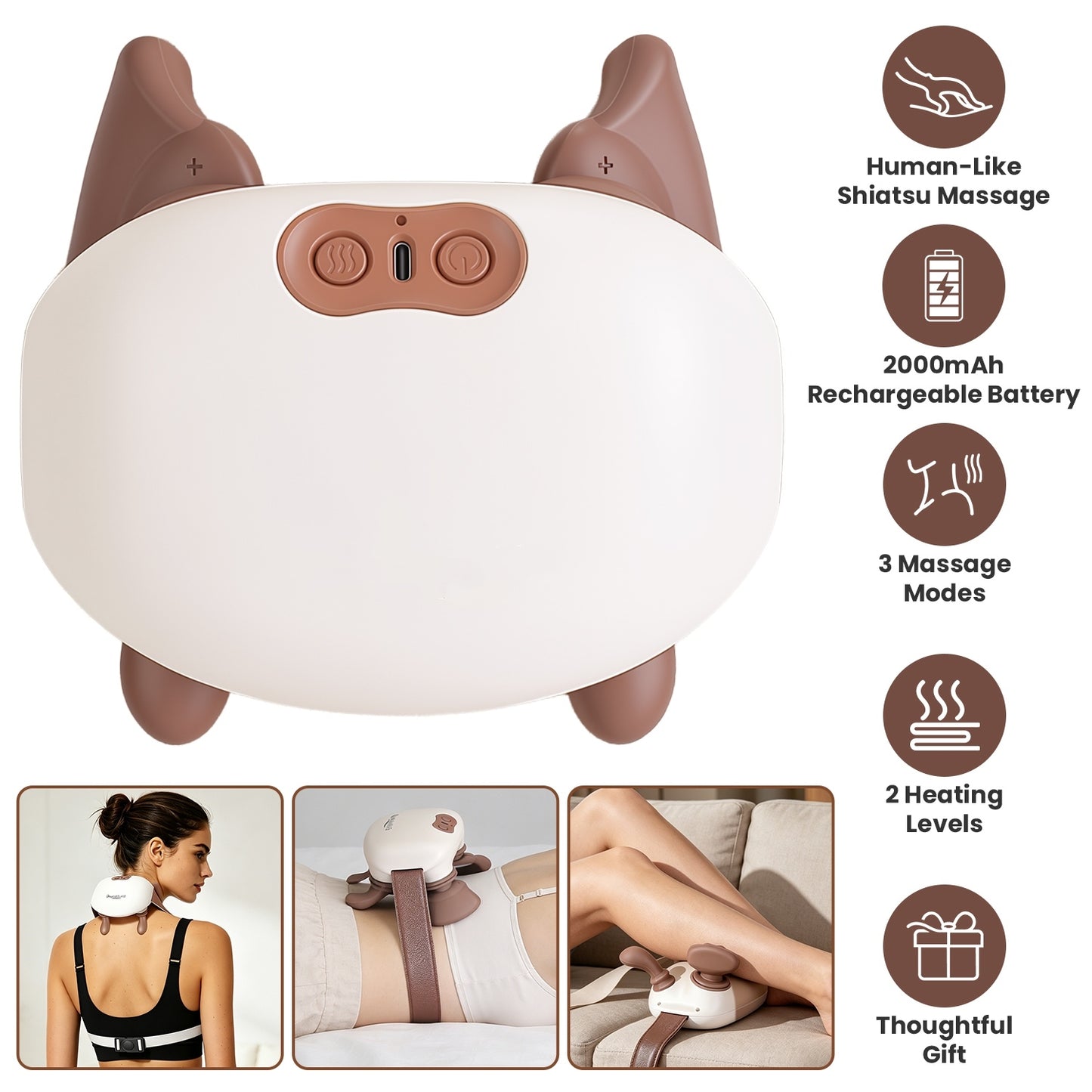 Cordless Shiatsu Neck Massager With Heat, 4 Silicone Massage Nodes, 3 Intensity Levels & 2 Heat Settings, 2000mAh Rechargeable With 10 Mins Timer, Deep Tissue Massager For Neck Shoulder Back Leg