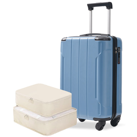Valise cabine rigide ABS 20 pouces, roues pivotantes, serrure TSA, 2 cubes, bleu-gris