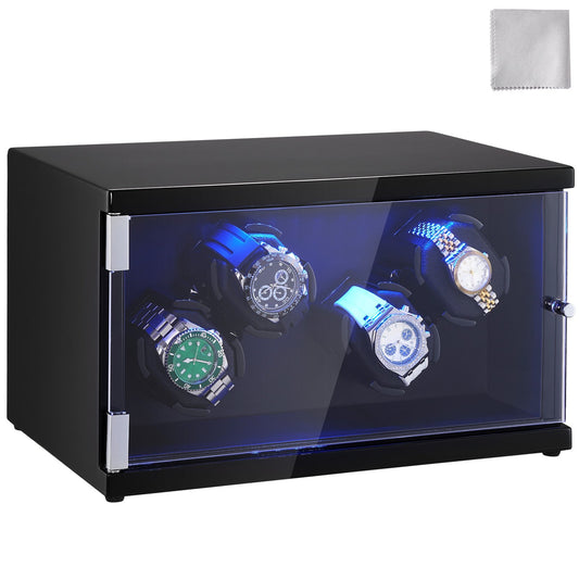 Uhrenbeweger, Automatik-Uhrenbeweger, Watch Winder, Uhrenbeweger Für Automatikuhren, Automatischer Uhrenbeweger Mit Platz Für 4 Uhren, LED Beleuchtung, Max. 20 Cm Riemenlänge Schwarz