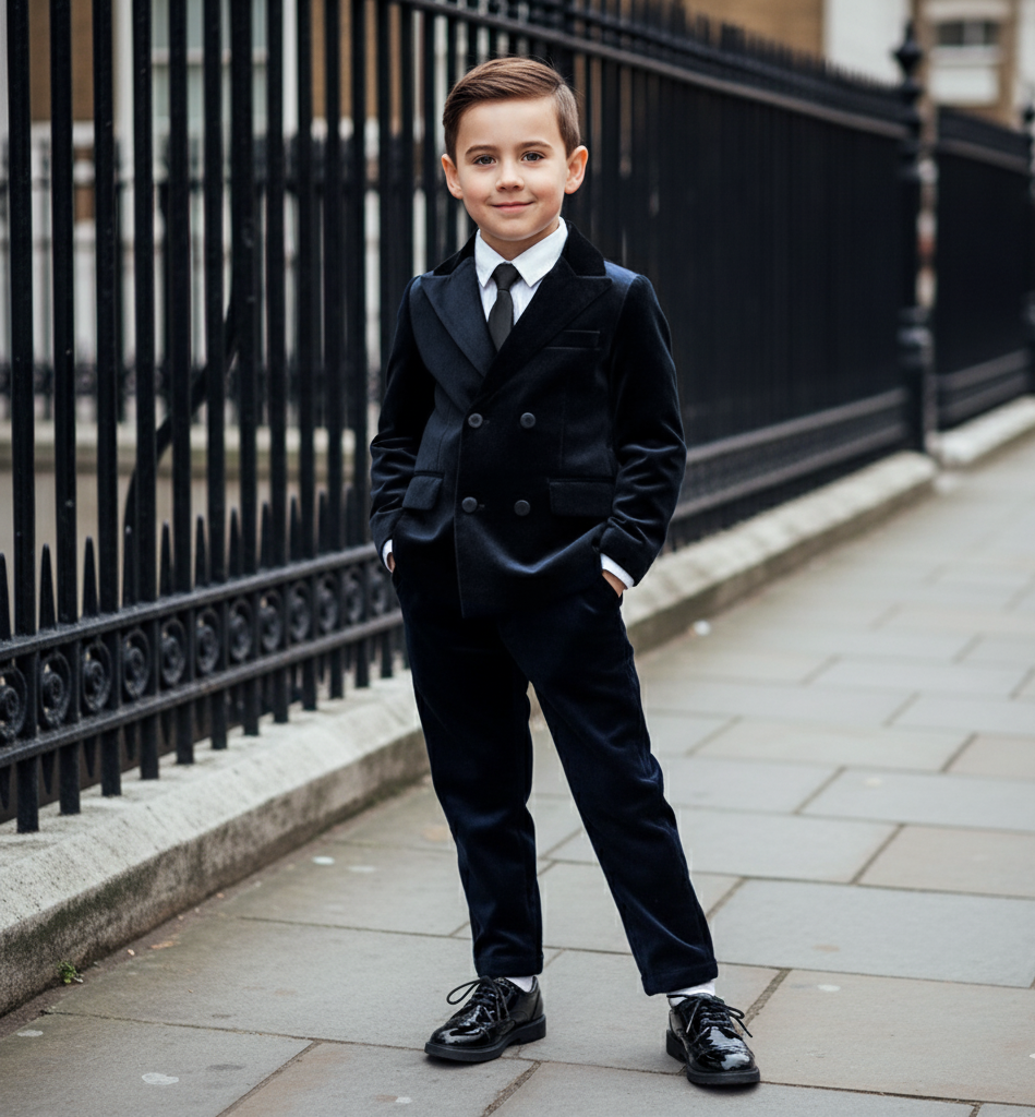 Boys Velvet Suit Set 3-10Y Navy Blazer & Trousers Casual & Stylish Clearance