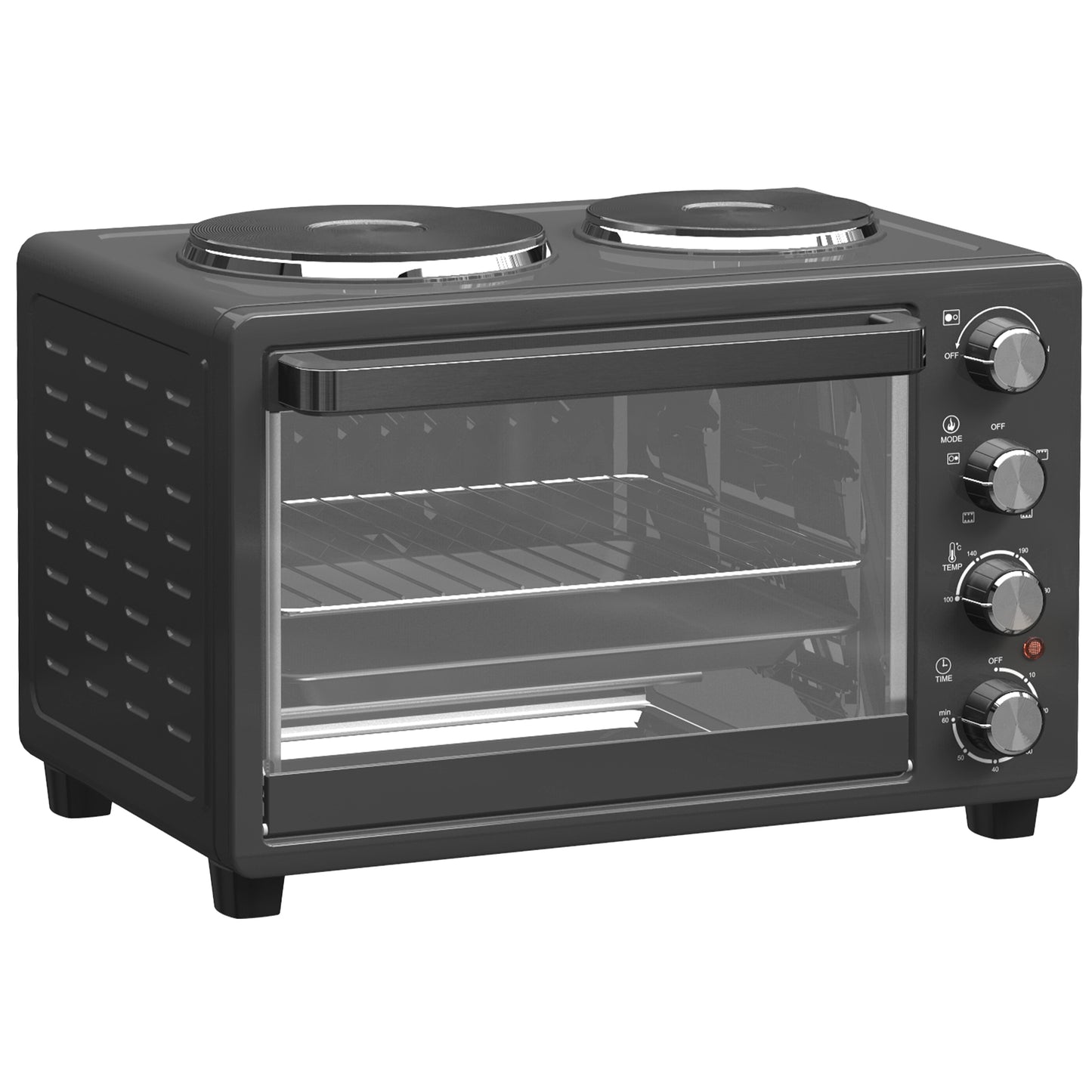 Mini four 28 L avec 2 plaques de cuisson, grill, rôtissage, minuterie, plateaux inclus, 2600W, noir