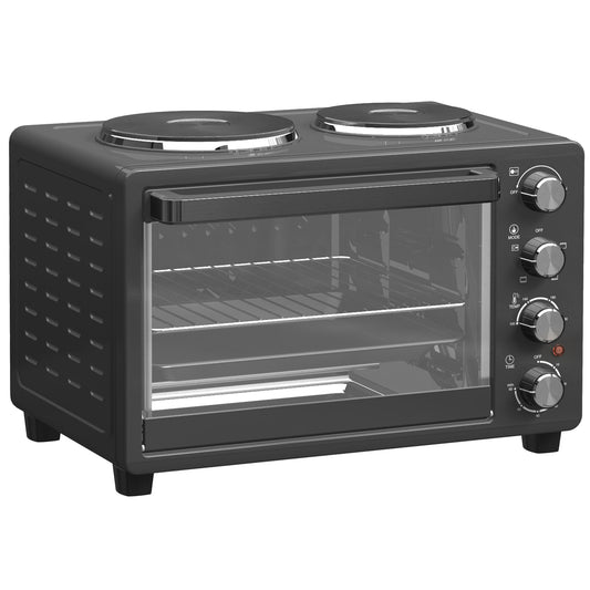 Mini four 28 L avec 2 plaques de cuisson, grill, rôtissage, minuterie, plateaux inclus, 2600W, noir