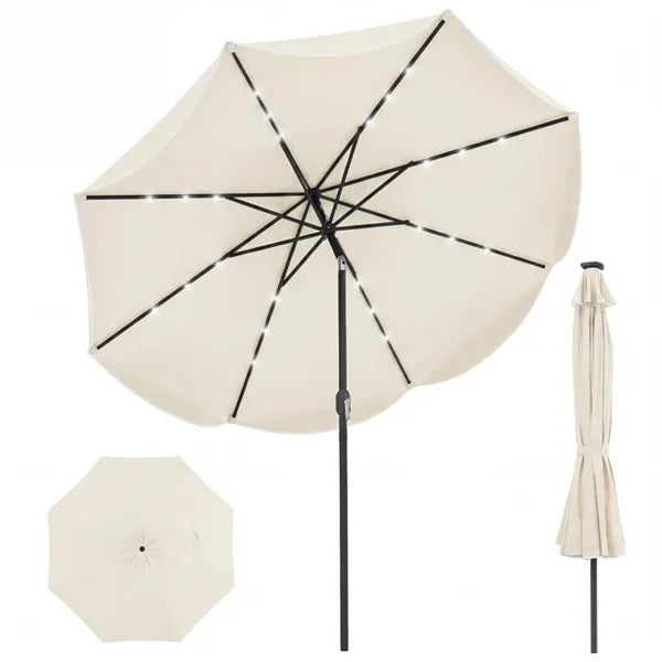 10 Ft Solar Powered Patio Umbrella With 24 LED Lights, Beige Outdoor Market Umbrella