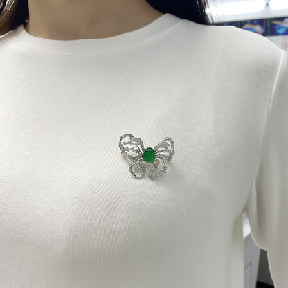 Broche Papillon Argent S925 - Chrysoprase Verte Cabochon