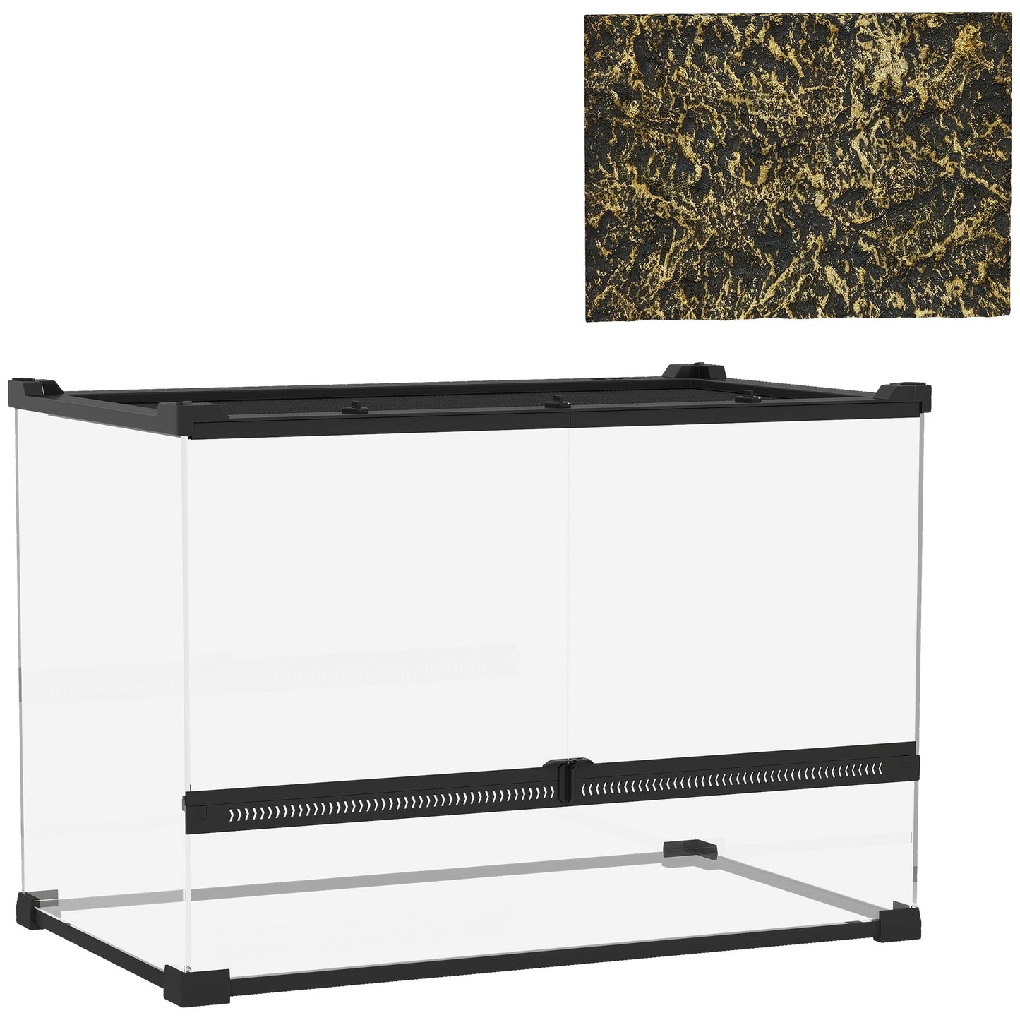 PawHut Reptile Glass Terrarium With Stone Background, Front Ventilation, Escape-Proof Knob Lock, 50 X 30 X 35 Cm, Black