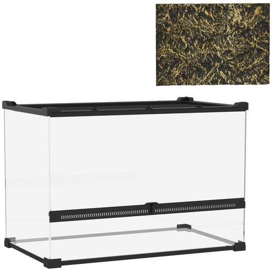 PawHut Reptile Glass Terrarium With Stone Background, Front Ventilation, Escape-Proof Knob Lock, 50 X 30 X 35 Cm, Black