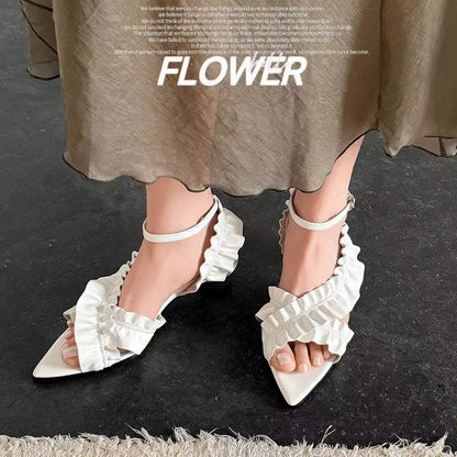 Women's Handmade Full - Grain Leather Ruffled Pointed - Toe Block Heel Sandals