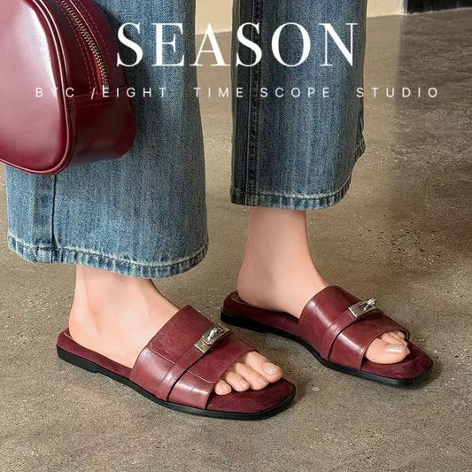 Women's Handmade Full - Grain Leather Slide Sandals, Metal Buckle Open - Toe Fla