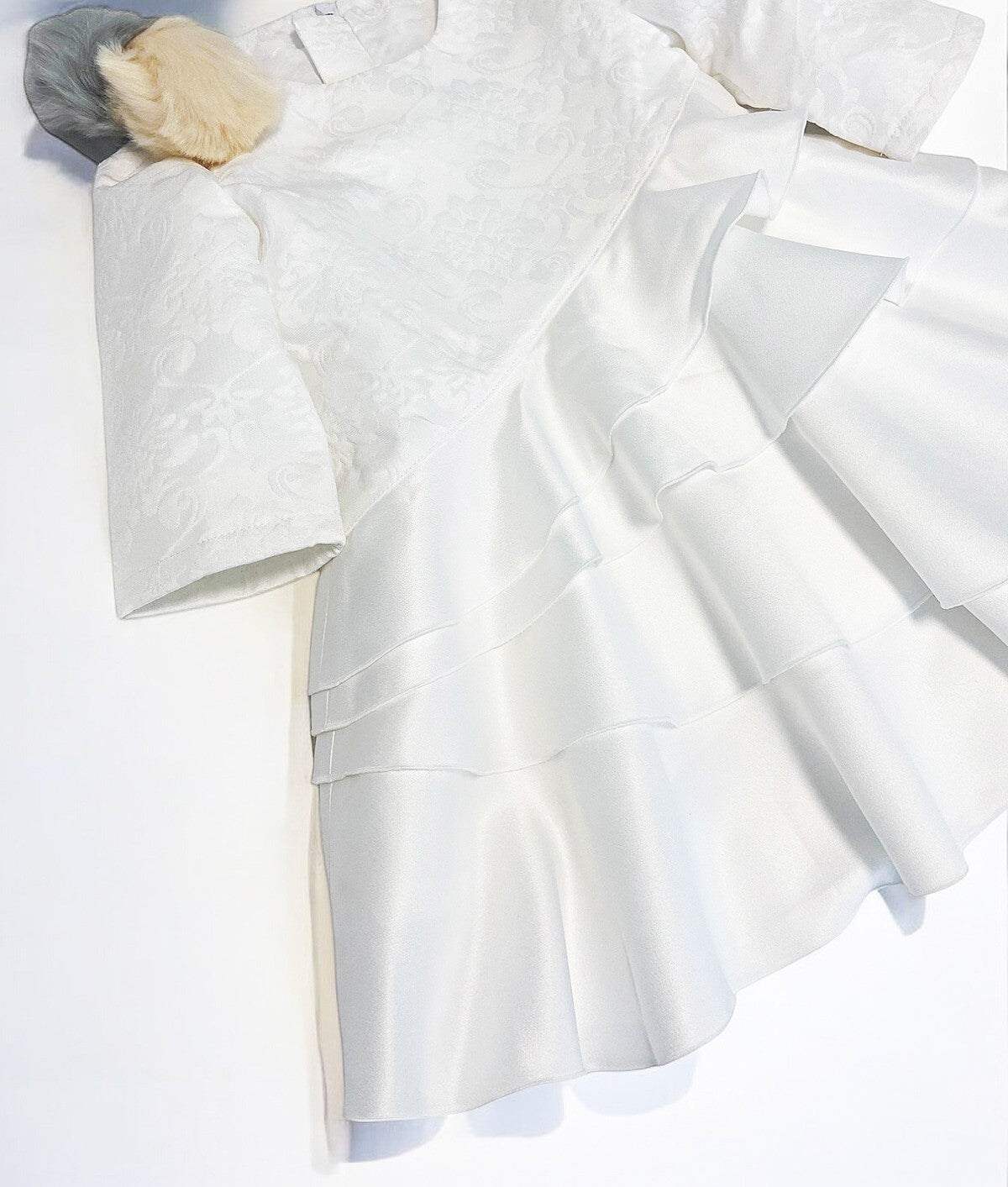 Girls Princess White Jacquard Satin Dress Elegant Multi - Layer Party Wear 2 - 1