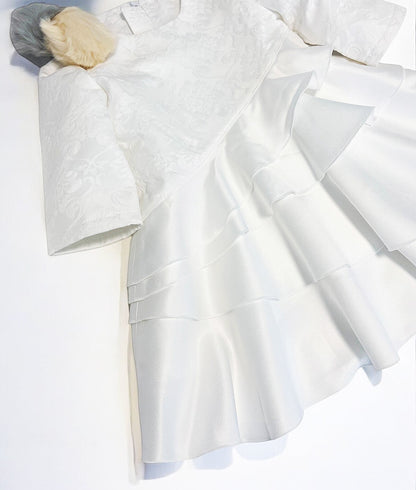Girls Princess White Jacquard Satin Dress Elegant Multi - Layer Party Wear 2 - 1