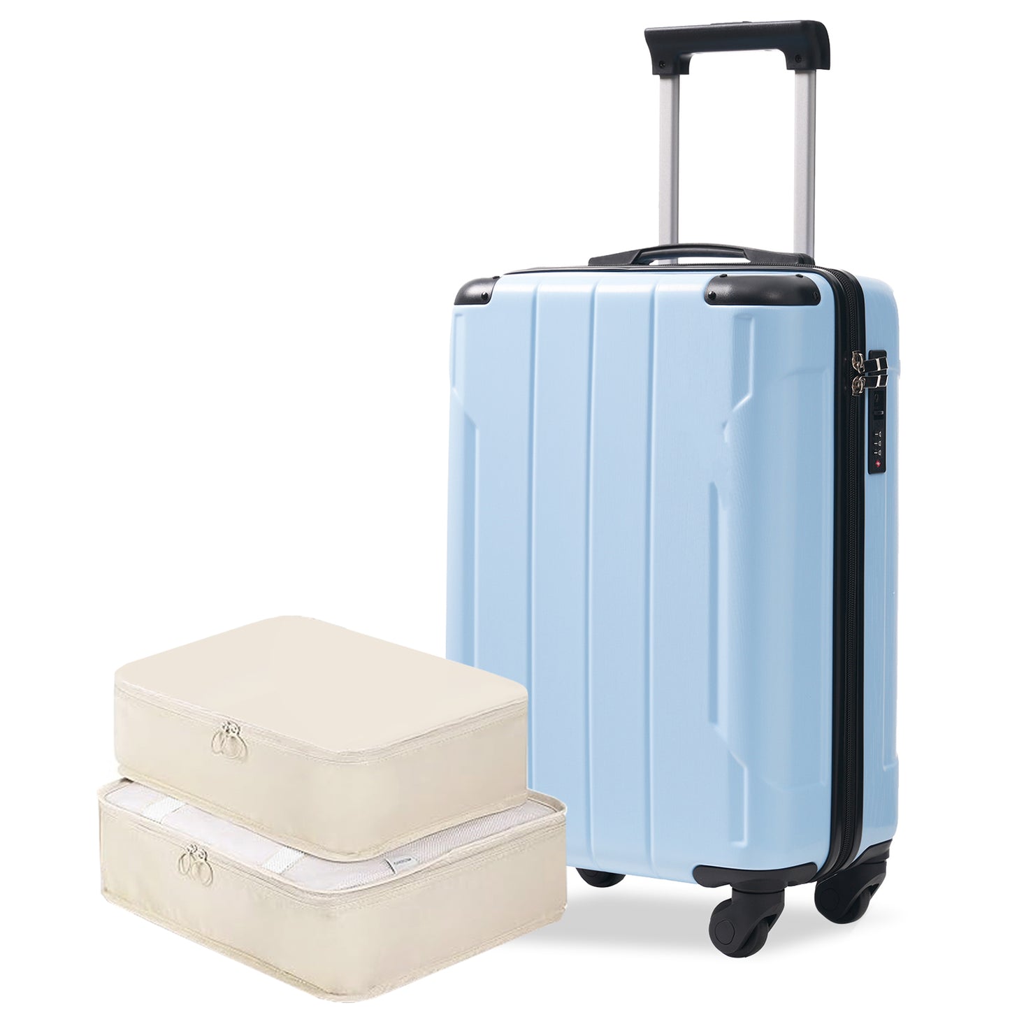 Valise cabine rigide ABS 20 pouces, roues pivotantes, serrure TSA, 2 cubes, bleu ciel