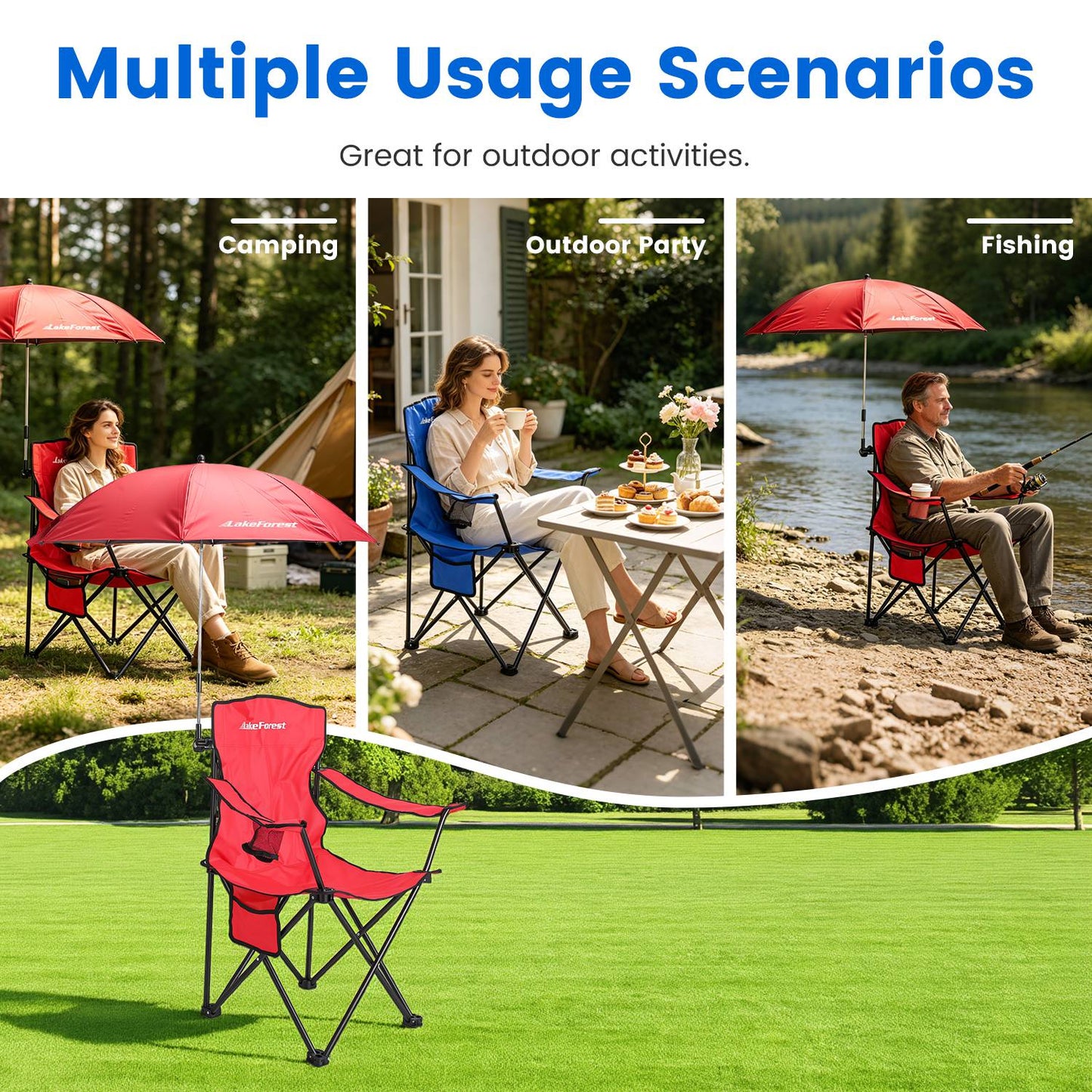 Chaise de Camping Pliable avec Parasol - Porte-gobelet