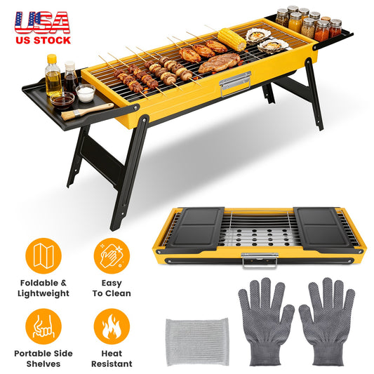 1Pc Portable Folding Charcoal Grill Stainless Steel Camping BBQ Grill With Side Panels Compact Tabletop Barbecue Grill With Carry Handle For Picnic Beach Travel