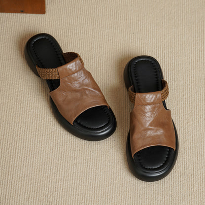 Women's Handmade Full - Grain Sheepskin Woven Platform Slide Sandals, Open - Toe