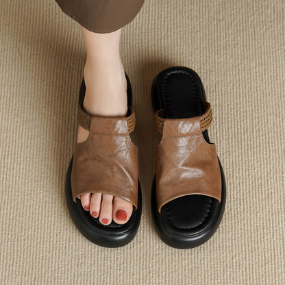 Women's Handmade Full - Grain Sheepskin Woven Platform Slide Sandals, Open - Toe