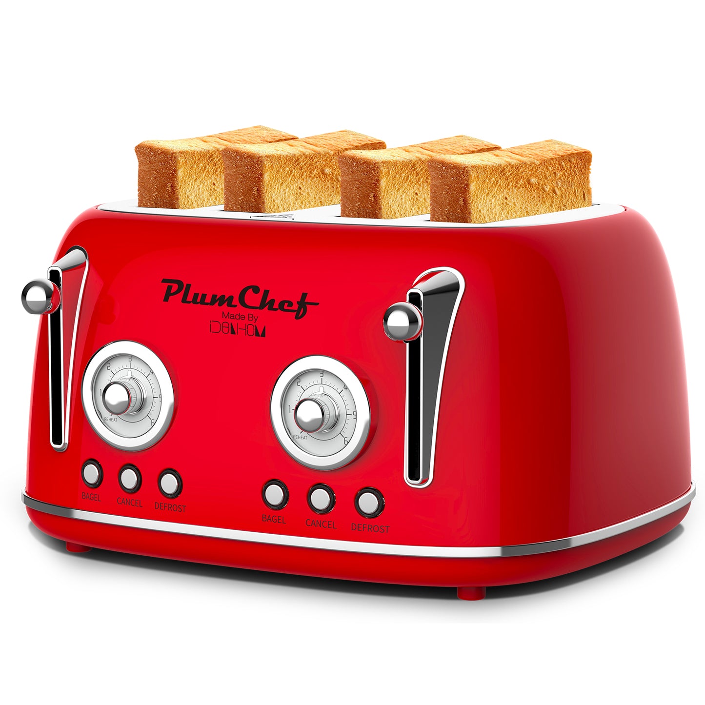 Grille-pain rétro 4 tranches, double commande, 6 niveaux, bagel, décongélation, inox, 1650W, rouge