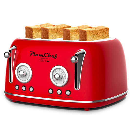 Grille-pain rétro 4 tranches, double commande, 6 niveaux, bagel, décongélation, inox, 1650W, rouge