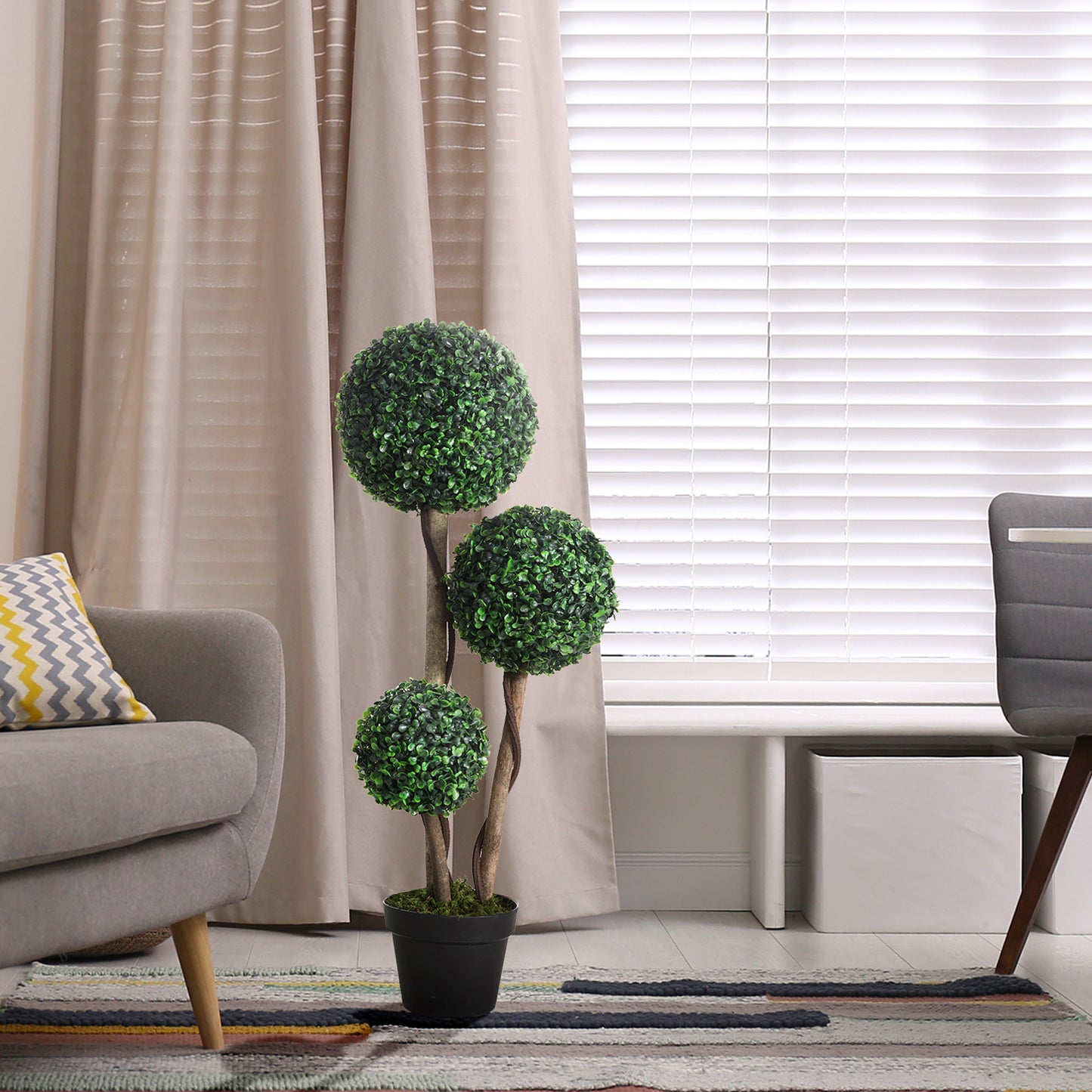 Artificial Plant For Home Decor Indoor & Outdoor Fake Plants Artificial Tree In Pot, 3 Ball Boxwood Topiary Tree For Home Office, Living Room Decor, Dark Green