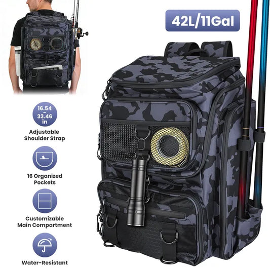 42L&11Gal Fishing Backpack Large Capacity Fishing Tackle Storage Bag With Rod Holders 16-Pocket Water-Resistant With Divider Adjustable Padded Straps For Fishing Gear Outdoor Camping Hiking