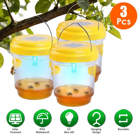 3Pack Solar Wasp Traps Outdoor Hanging Insect Catchers With UV Light For Paper Wasps Yellow Jackets Small Hornets Fruit Flies House Flies