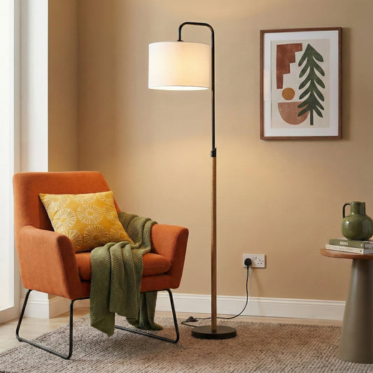 Lampadaire Lior à abat-jour cylindrique et tige en bois, lumière courbée pour salon et coin lecture, 110V