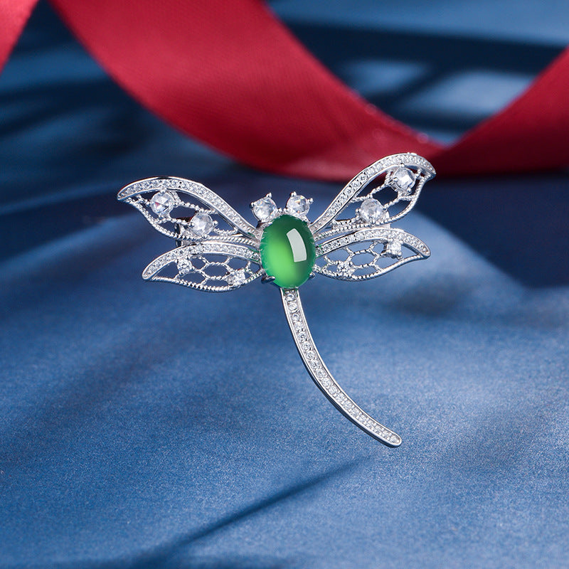 Broche Libellule Argent S925 - Chrysoprase Verte Cabochon