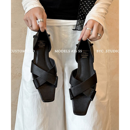 Women's Handmade Full - Grain Leather Crisscross Flat Sandals, Square - Toe Side