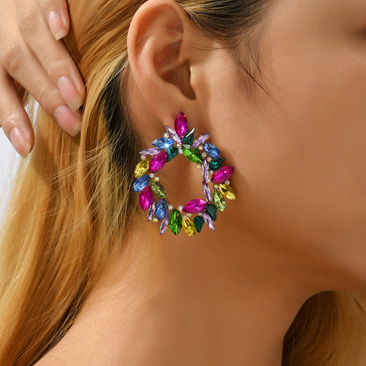 Crystal Wreath Stud Earrings For Women Sparkly Rhinestone Statement Floral Multicolor Jewelry Party Wedding Bridal Prom