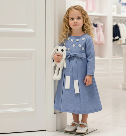 Girls Vintage Long Skirt Cotton Lining Princess Blue Cotton Party Dress