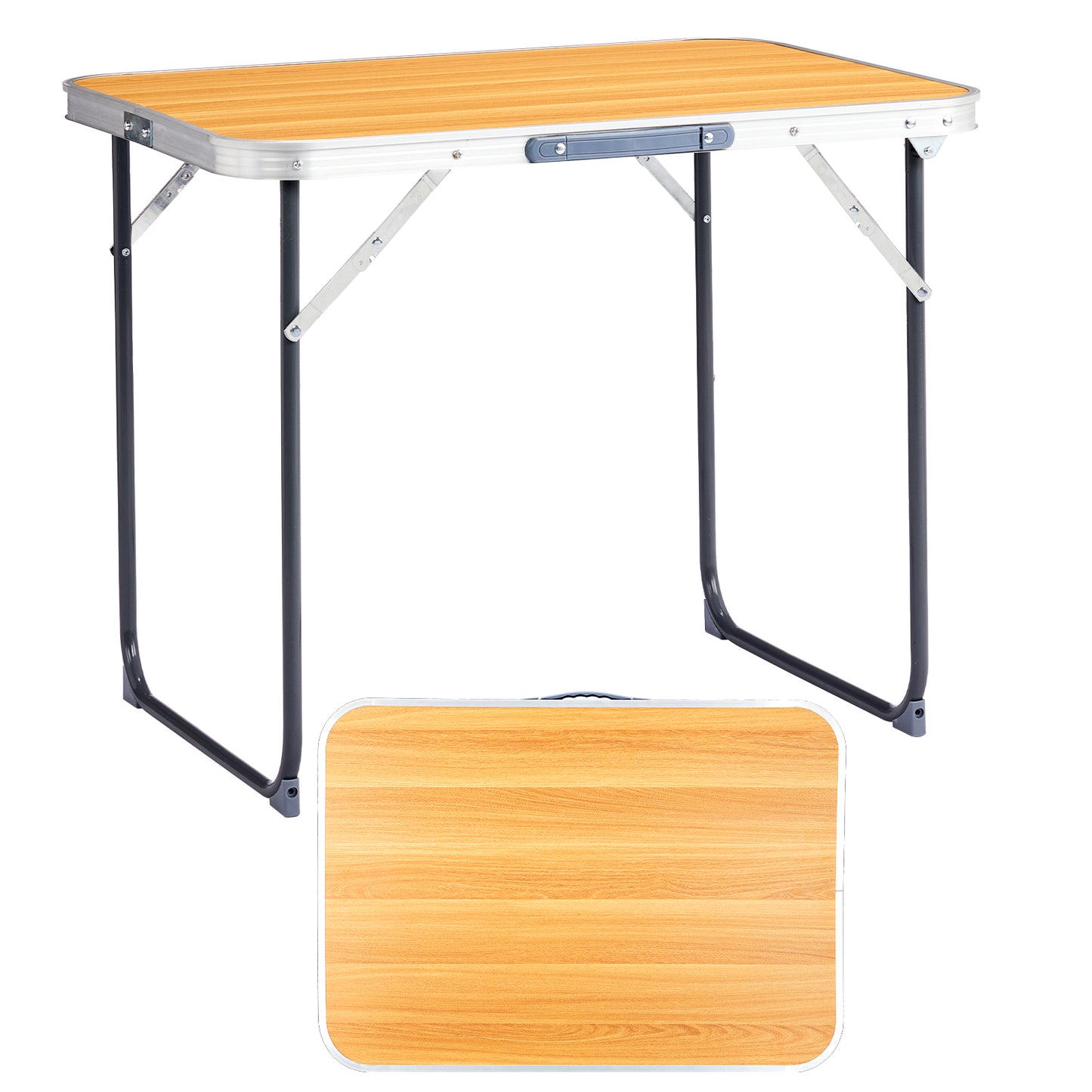 Table de camping pliante portable en aluminium 70 cm, légère, aspect bois, avec poignée