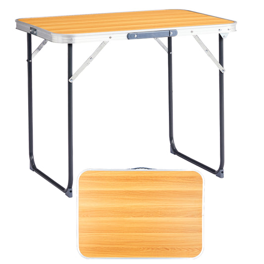 Table de camping pliante portable en aluminium 70 cm, légère, aspect bois, avec poignée