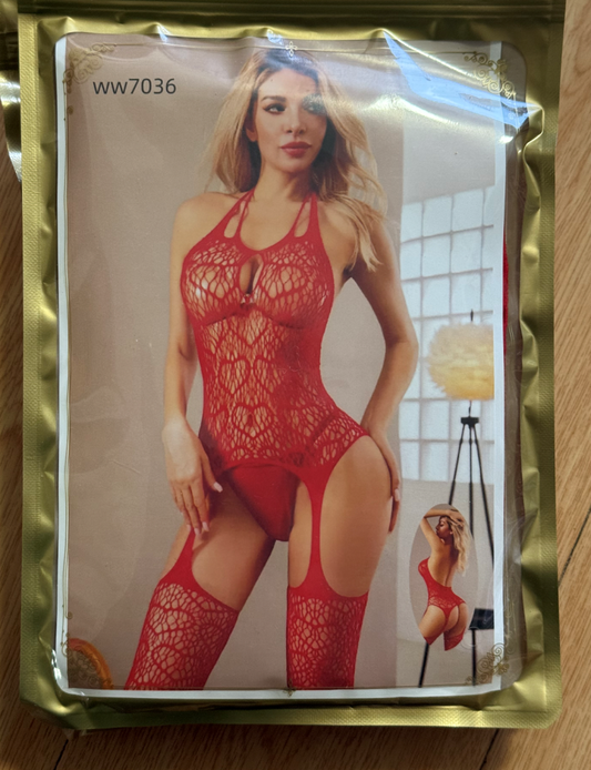 Sexy Halter Hollow Out Fishnet Bodystocking Set Sheer Mesh Teddy Garter Lingerie Attached Thigh High Stockings Nightwear