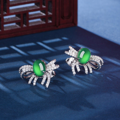 Boucles d'Oreilles Nœud Argent S925 - Chrysoprase Verte Cabochon